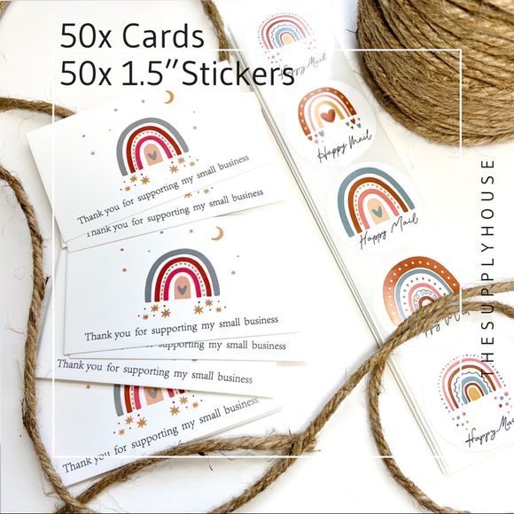 Set of 50 Thank You Cards and 50 Large Boho Rainbow Stickers - Picture 2 of 9